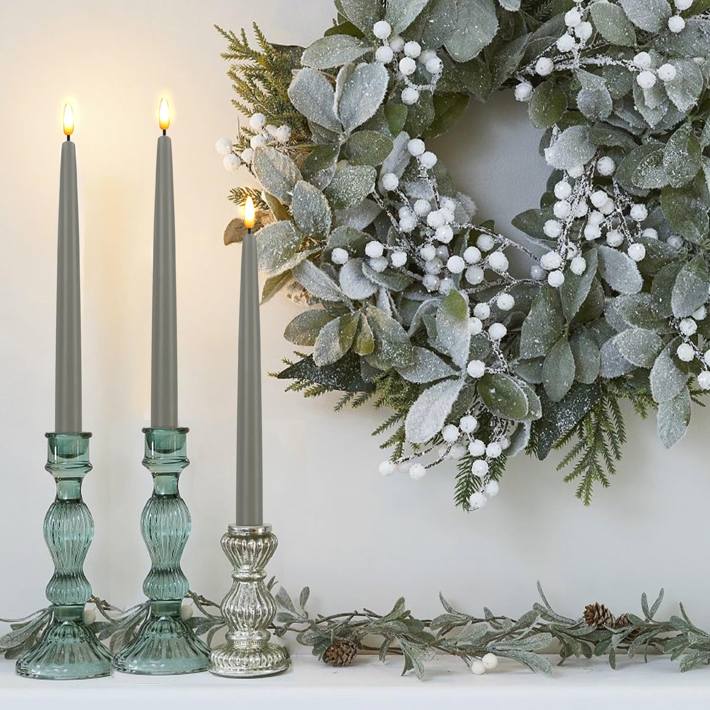 CVHOMEDECO. Flameless Taper Candles with 10-Key Remote, Battery Operated Led Flickering 3D Wick Window Candles Real Wax Finished Home Christmas Party Decor 0.78 x 11 Inch, Pack of 3, Grey