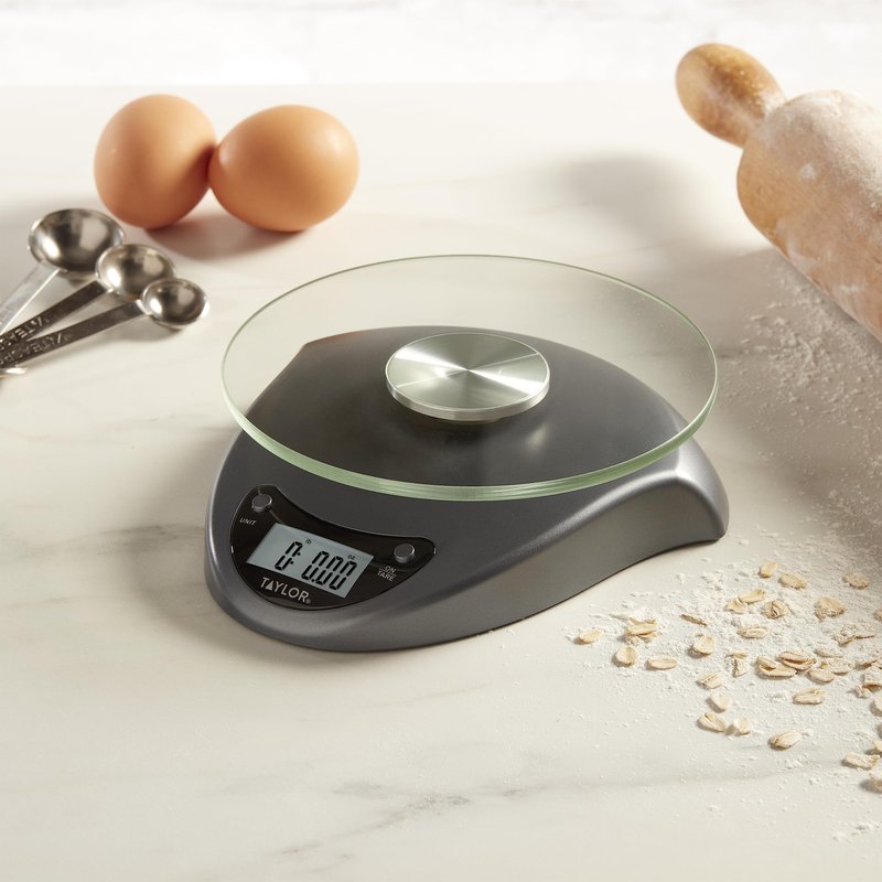 Taylor Digital Kitchen Scale with Glass Platform, Tare Button, and Plastic Body Weighs up to 11 Pounds Capacity, Silver
