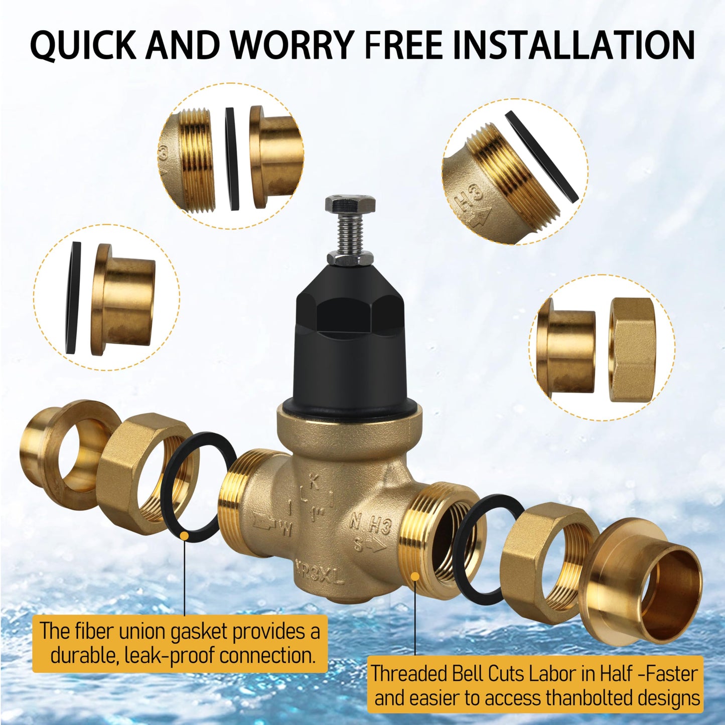 Water Pressure Regulator 1-NR3XLDU 1" with Double Union FNPT Connection Adjustable 15-75 PSI, Built-In Stainless Steel Strainer for Home, Commercial, Plumbing Applications