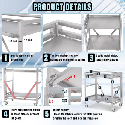 2 Shelf Rolling Cart with Wheels, 660lbs Capacity Collapsible Steel Rolling Utility Cart, Heavy-Duty Foldable Workbench, Metal Rolling Storage Cart with Handle for Groceries, Warehouse (36" Lx26 W)