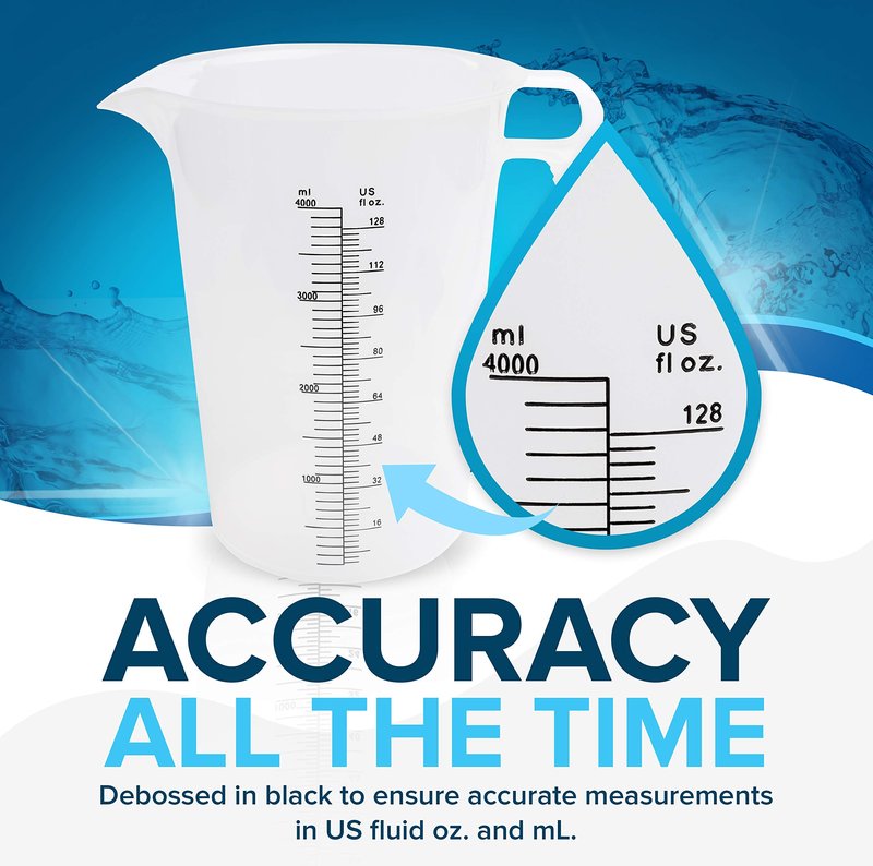 ACCUPOUR 128oz (1 gallon) Measuring Pitcher, Plastic, Multipurpose - Great for Oil, Chemicals, Pool and Lawn - Ounce (oz) and Milliliter (mL) Increments (4000 mL)