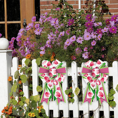 Threetols Floral Wreath Bows - 2 Pack Pink Tulip Decorative Bows for Indoor/Outdoor Home & Garden Decor