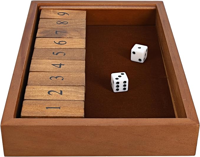 WE Games Shut The Box Game Wooden – 9 Number Flip Tiles with Dark Stained Wooden Box Perfect for Game Night Math Games Clackers Family Games Adult Dice Games Board Games for Adults 11 inches
