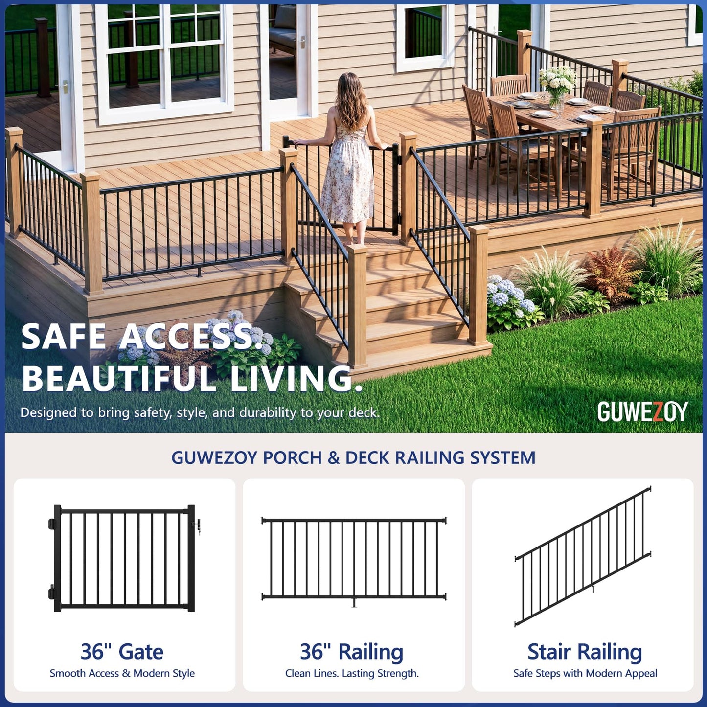Guwezoy W.4ft x H.36in Aluminum Deck Gate Outdoor, Cuttable Porch Gate Kit with Latch and Auto-Closing Hinge, AAMA 2604–Grade Sand-Texture Black Outdoor Gate for Deck Railing Patios, Porch, Garden