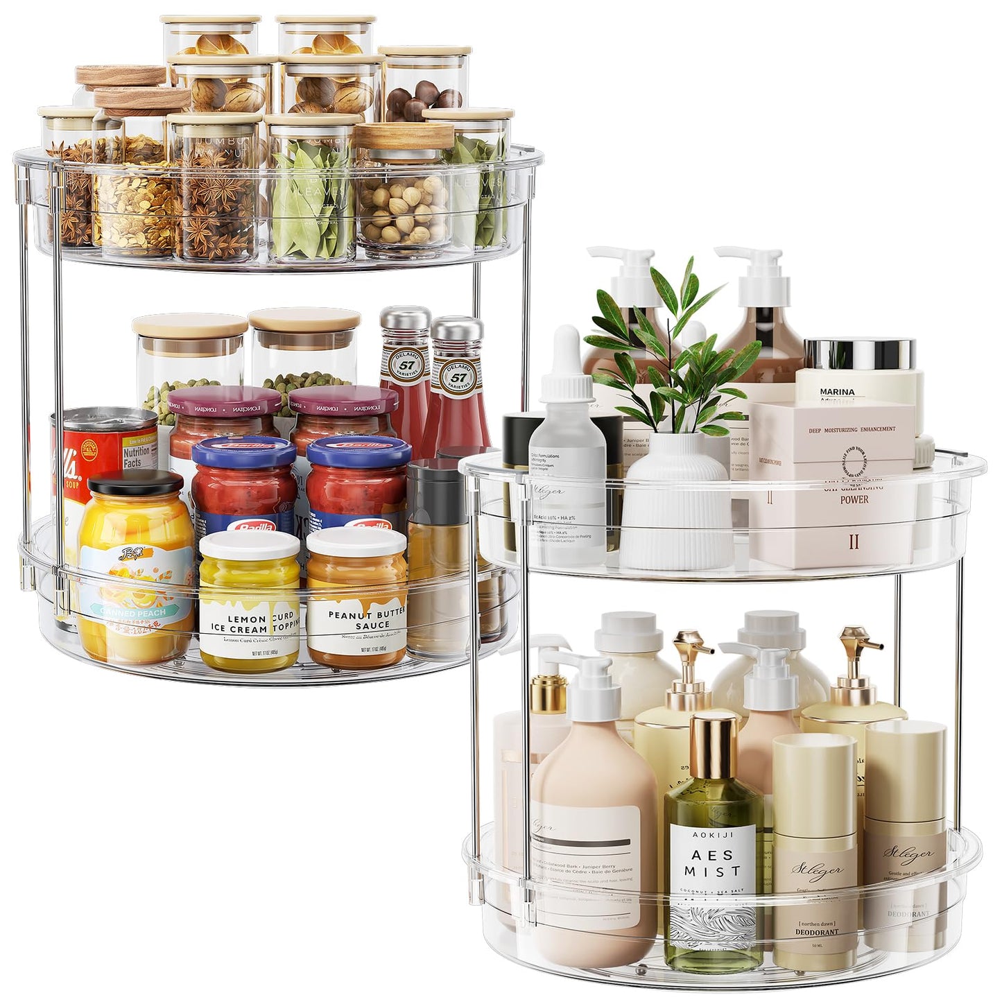 LAMU 2 Tier Lazy Susan Turntable Organizer 9.25'' Rotating Spice Rack Organization for Cabinet, Kitchen, Pantry, Countertop, Bathroom, Vanity, Medicine Cabinet Organizer, Clear
