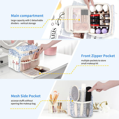 CUBETASTIC Travel Makeup Bag, Floral Make Up Bag with Brush Compartment, Vertical Storage Toiletry Bag with Partitions, Large Make Up Pouch for Women, Portable Makeup Case with Multi-Pockets