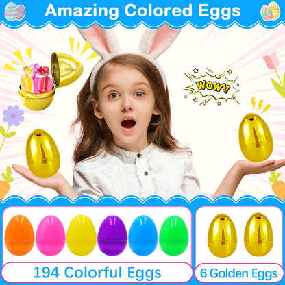 ZICZLI 200 PCS Fillable Plastic Easter Eggs with 6 Golden Eggs, 2.4 Inch Empty Colorful Eggs for Kids Boys Girls Easter Hunt Party Supplies Classroom Rewards Basket Stuffers Easter Party Favors