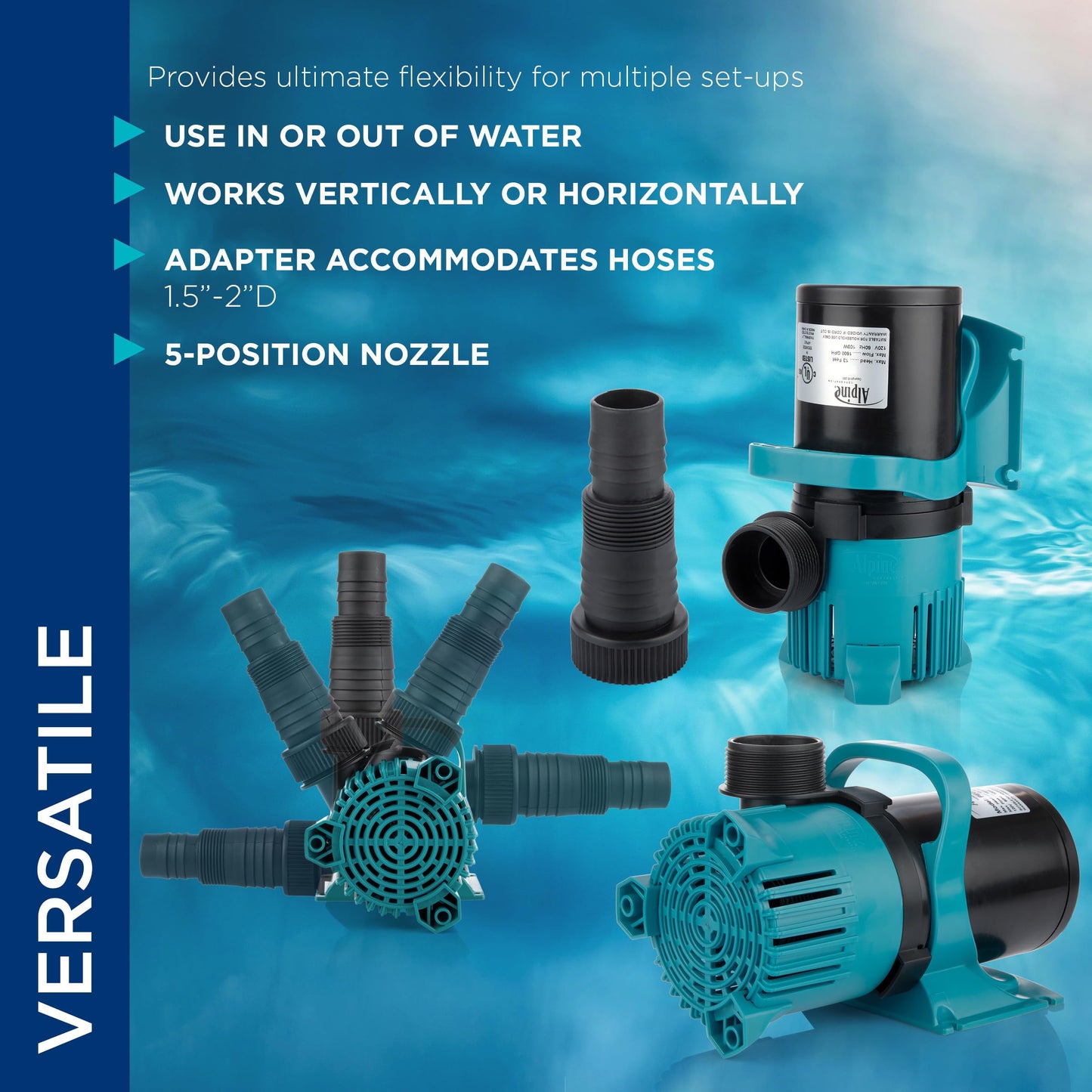 Alpine Corporation 4700 GPH Vortex Submersible Water Pump with 20 Ft Cord for Ponds, Fountains and Water Circulations, Quiet Operation Vertical/Horizontal, 18.5 Ft Lift 216 Watts, Black/Teal