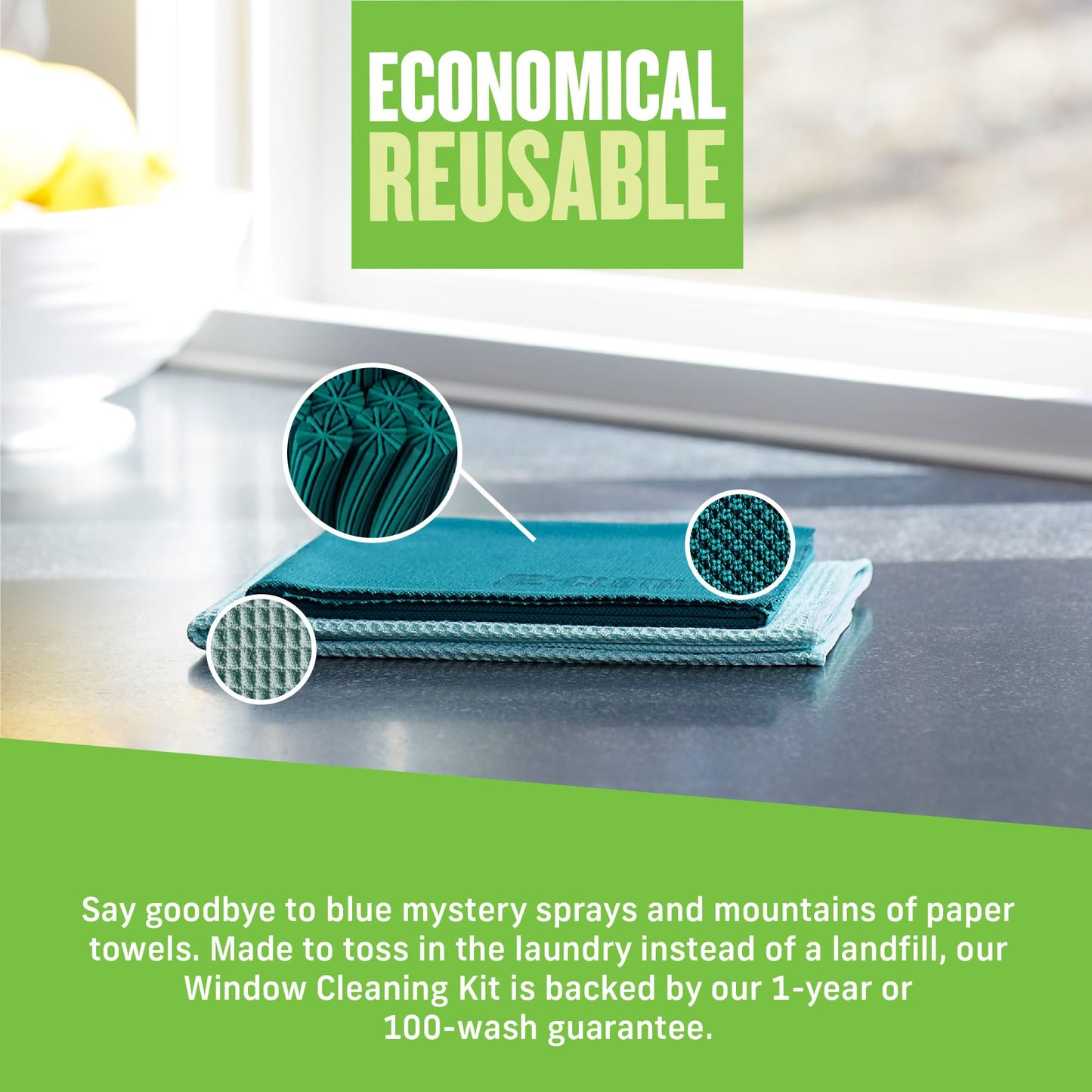E-Cloth Microfiber Cleaning Cloth Glass Kit - Microfiber Towel Window Cleaning Kit - Microfiber Towels for Cars, Windows, Mirrors, & More - Winter Green
