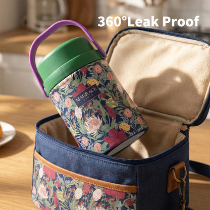 MAGRACE Vaccum Insulated Food Jar - Boho Floral Thermal Lunch Container for Office Outdoor Hot & Cold Meals, Wide Mouth Thermo for Adult, W/Foldable Spoon (Pastoral)