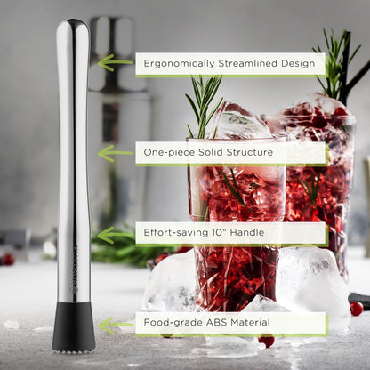 Homestia 3-Pcs Silver Muddler & Mixing Tool Set, 10'' Muddler, 12'' Cocktail Spoon & 1 OZ/2 OZ Double Jigger, Bar Tool Set for Beverages Drinks, Stainless Steel Bar Set Housewarming Gift