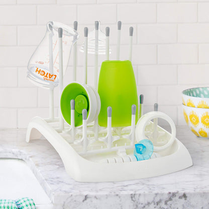 Munchkin Fold Baby Bottle Drying Rack and Bristle Bottle Brush Cleaning Essentials Set, White/Grey