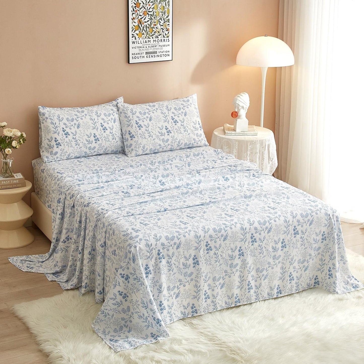 HighBuy 3 Piece Bed Sheets Set Twin XL Sheets White - Extra Soft Blue Floral Sheet Deep Pocket 16" - Luxury Soft Twin XL Sheet & Pillowcase Set - Twin XL Size Bed Cooling
