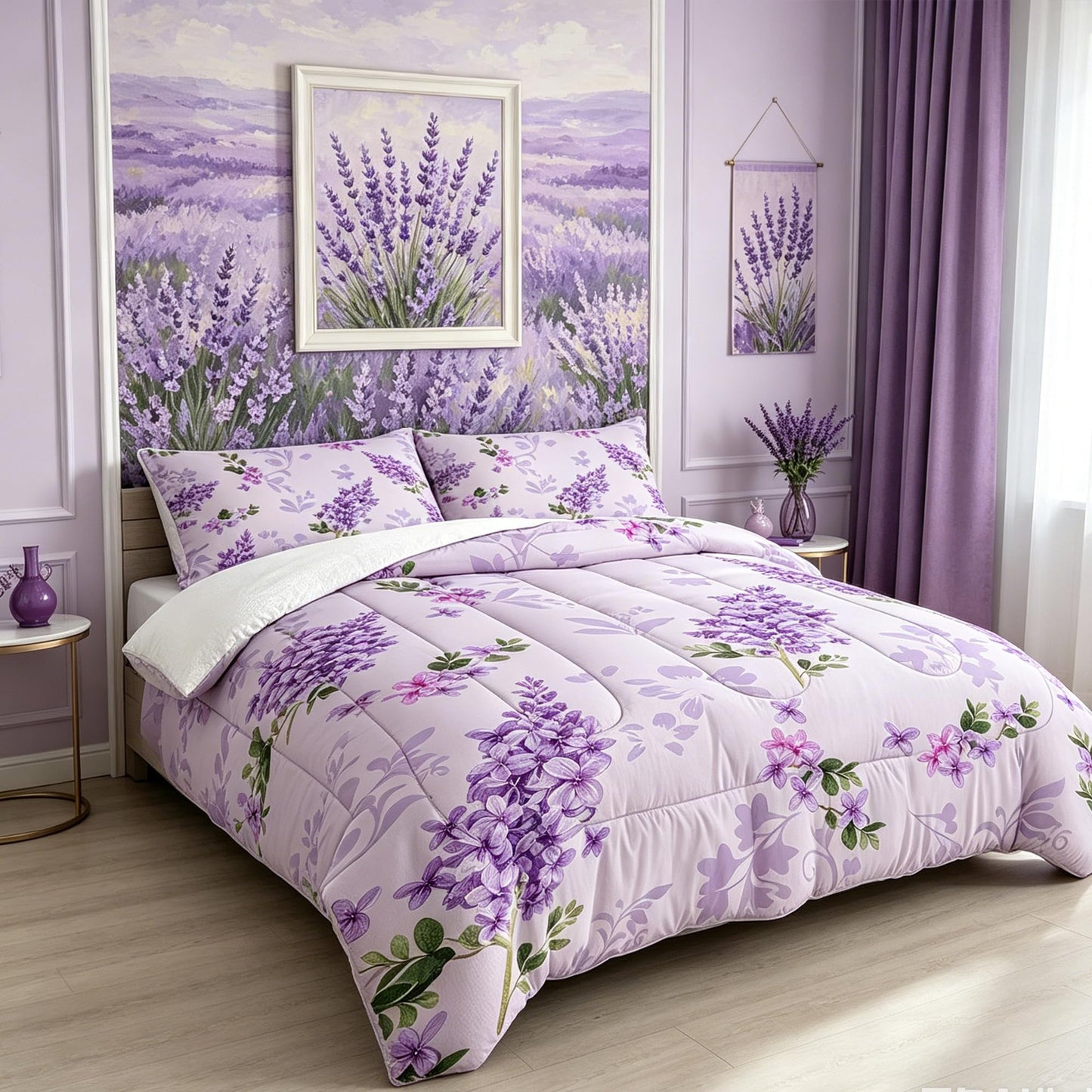 FUYEUN Floral Bedding Set King: Purple Lilac Flower Comforter for Girls Women Kids Teens Bedroom Bed Bedspread Quilt,1 Comforter + 2 Pillow Cases