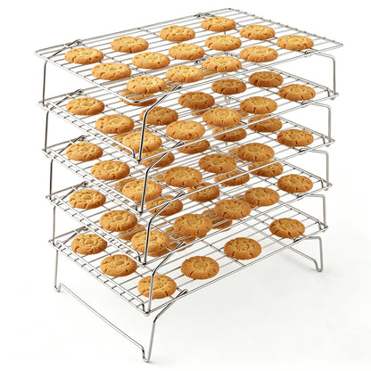 LIANYU Cooling Rack 15"x10", 5-Tier Stackable & Collapsible Stainless Steel Baking Wire Racks for Cooking, Baking, Roasting, Drying, Oven & Dishwasher Safe, Silver
