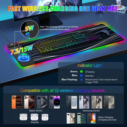 Mouse Pad with Wireless Charging, Large Desk Mat RGB Gaming Mousepad, 10 Light Colors LED Gaming Pad Keyboard Pad with Ultra-Smooth Surface & Non-Slip Rubber Base, Waterproof Full Desk Mouse Pad