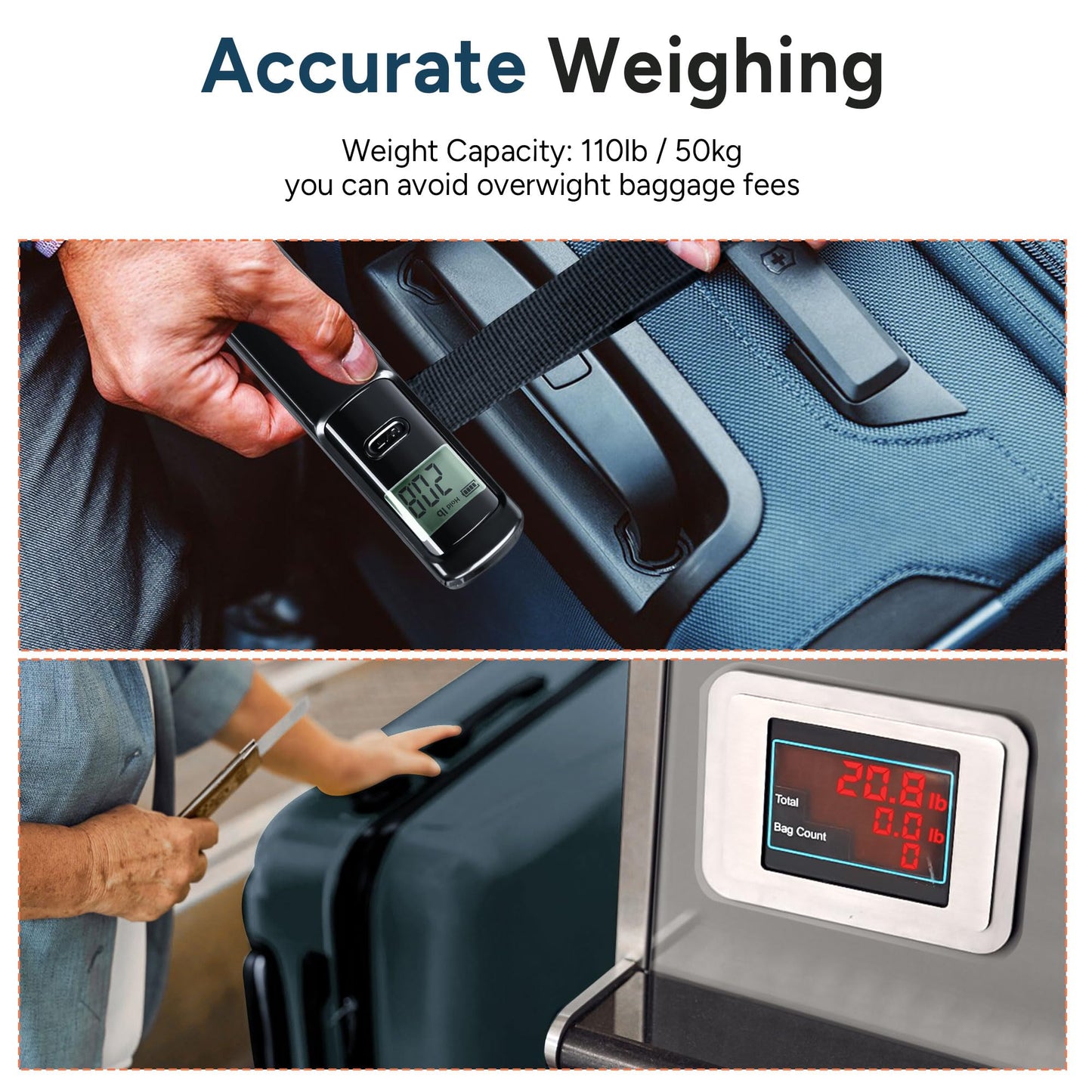 Battery-Free Luggage Scale, Suitcase Scale for Travel, 110 lbs/50 kg, Portable Handheld Weight Scale, No Batteries Needed