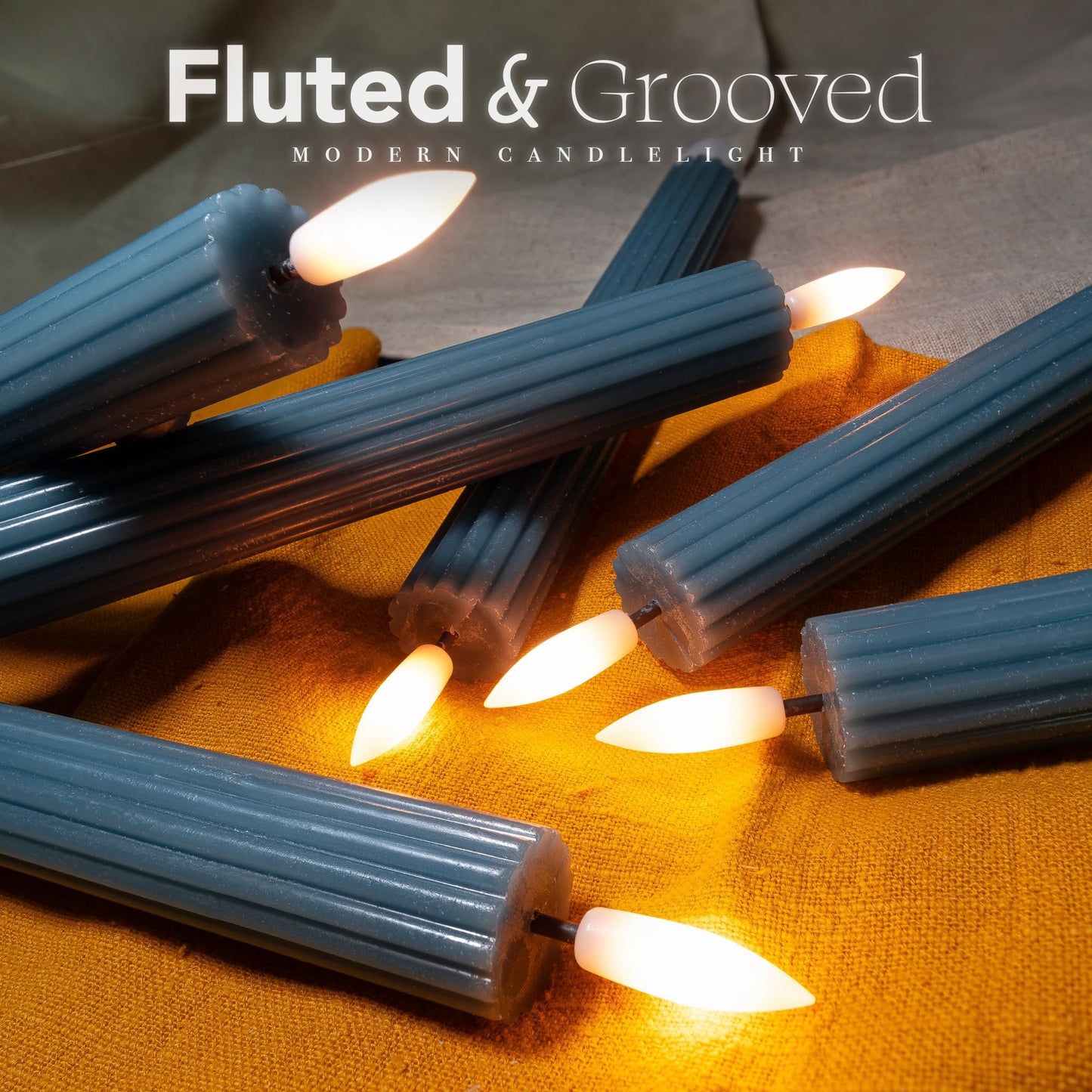 West Ivory 6 Pack, 10" LED Flameless Blue Fluted Ribbed Grooved Taper Candles, Remote & 24h Timer Memory, On/Off Button, Dimmable, Flicker Mode, Battery Operated, Christmas Menorah Wedding