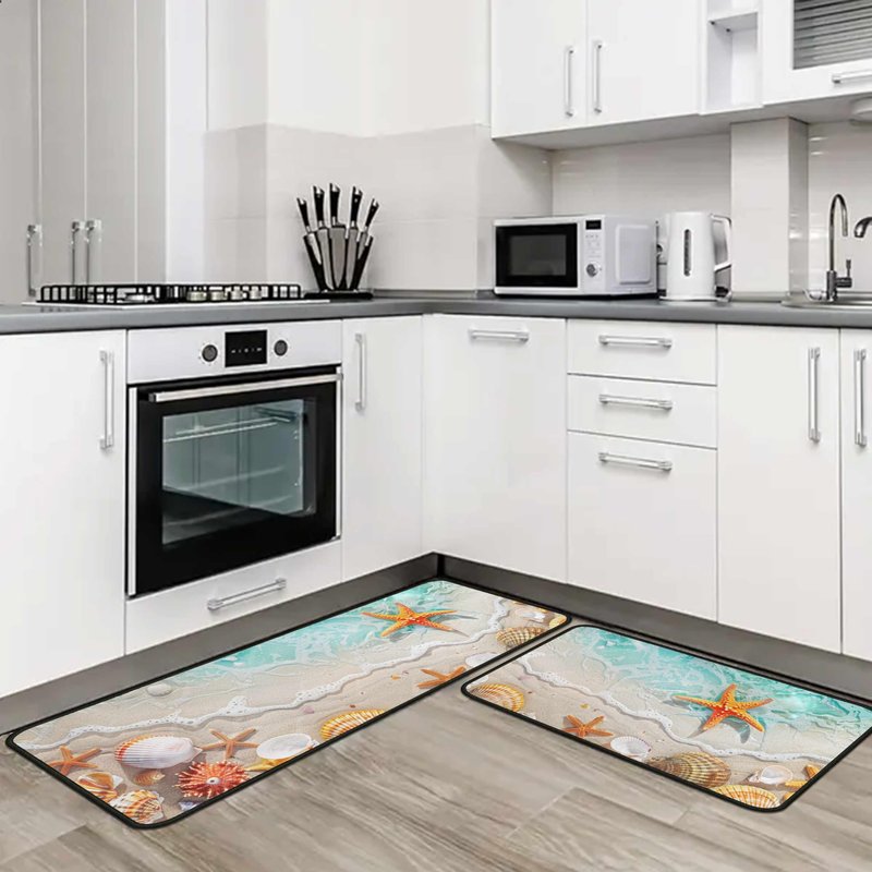 Lumiprinta Ocean Theme Tropical Beach Seashell Starfish Decorative Kitchen Rugs and Mats Set of 2, Low-Profile Floor Mats Decorations for Home Kitchen 17"x47"+17"x30"