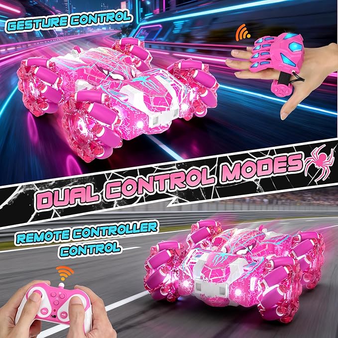 Spider Toys for Girls 4 5 6 7 8 9 10 11 12 Gesture Sensing Remote Control Car Double Sided RC Cars with Full-Body Light 2.4GHz Hand Controlled Rechargeable RC Stunt Car