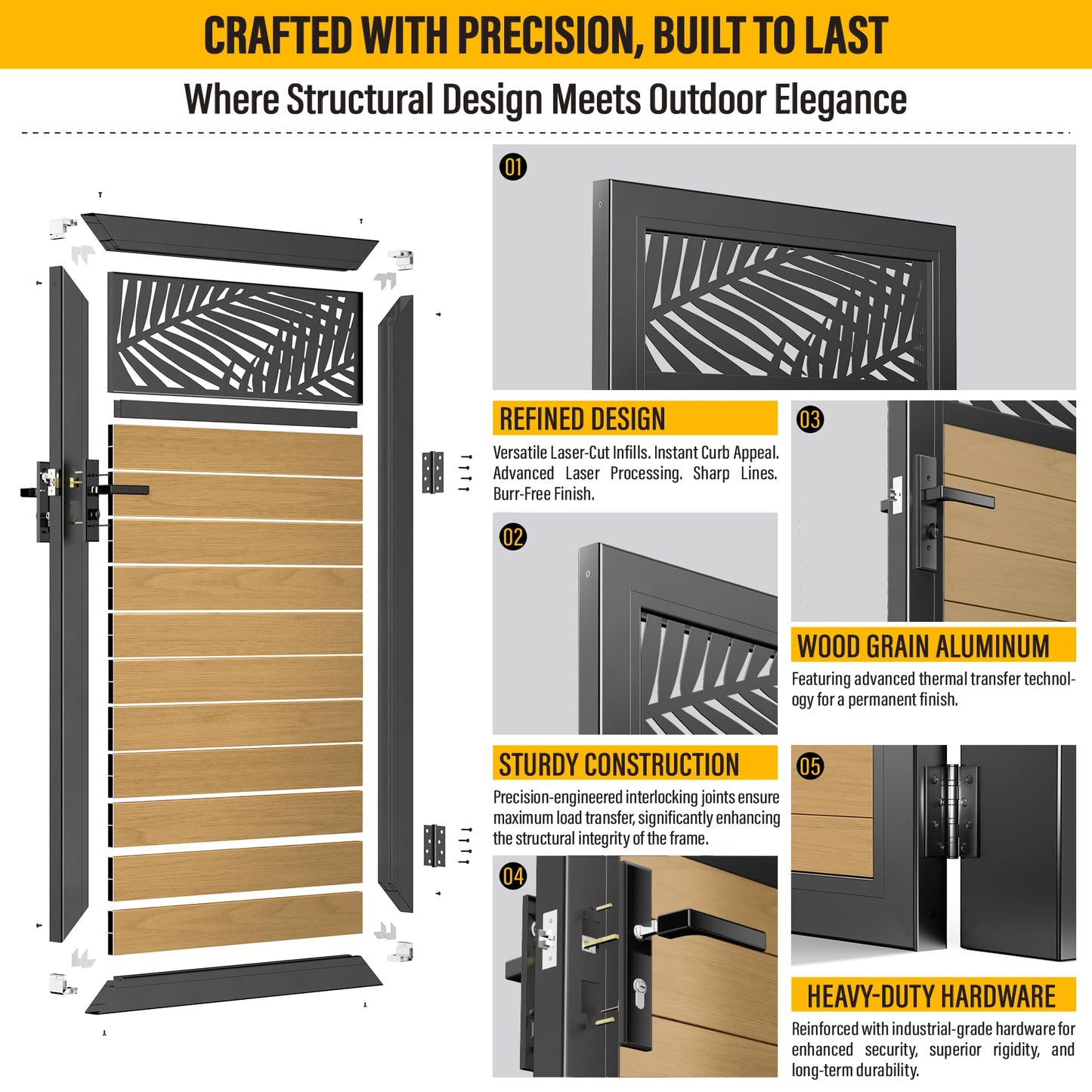 Brukid 3x5 FT Aluminum Fence Gate Kit Wood Grain Aluminum Gate with Decorative Cutout, Lock & Hinges, Left/Right Opening, Weather Resistant for Yard Garden Patio