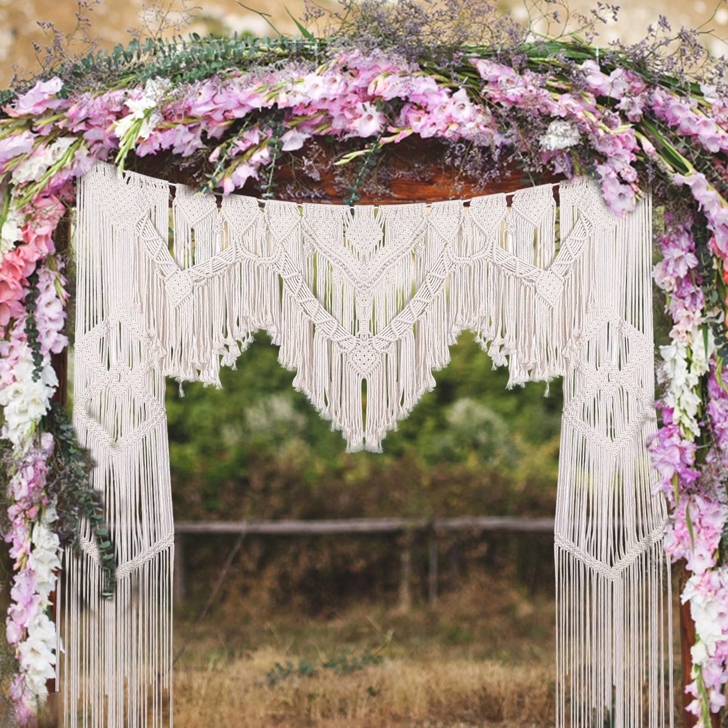 ANMINY Boho Macrame Wedding Backdrop for Arbor Arch Large Macrame Curtains Wall Hanging Handmade Window Doorway Macrame Curtains Tapestry Art Decor with Tassels 79''W x 79''L