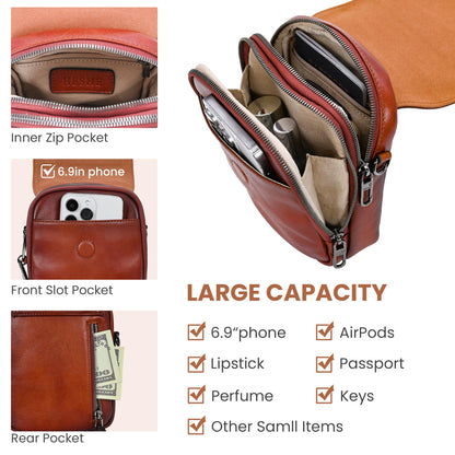 HESHE Leather Small Crossbody Bags for Women RFID Blocking Cell Phone Purse Anti-Theft Travel Bag with wide Straps (Retro Brown)