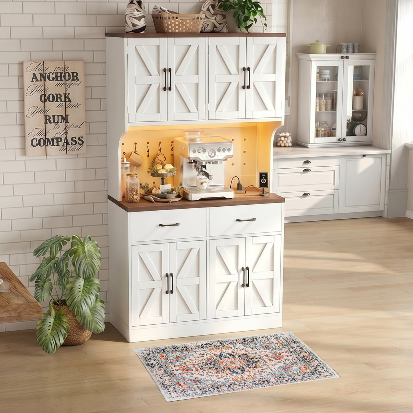 VK·LIVING 71" Kitchen Pantry Cabinet with LED Light & Charging Station, Farmhouse Storage Cabinet with Adjustable Shelves & 2 Drawers, Large Kitchen Pantry with Coffee Bar, White