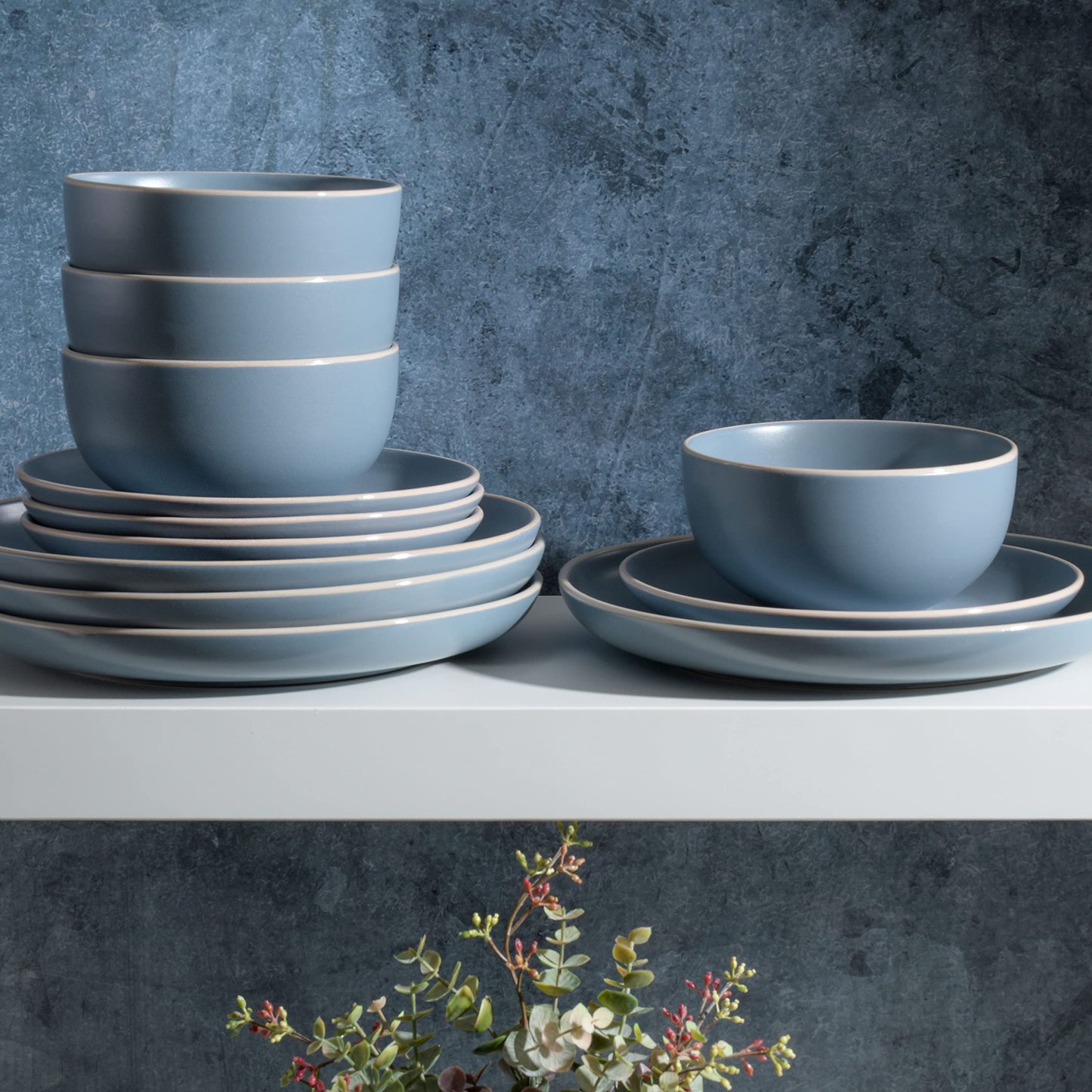 Gibson Home Queenslane 16 Piece Double Bowl Plates and Bowls Dinnerware Sets - Matte Blue