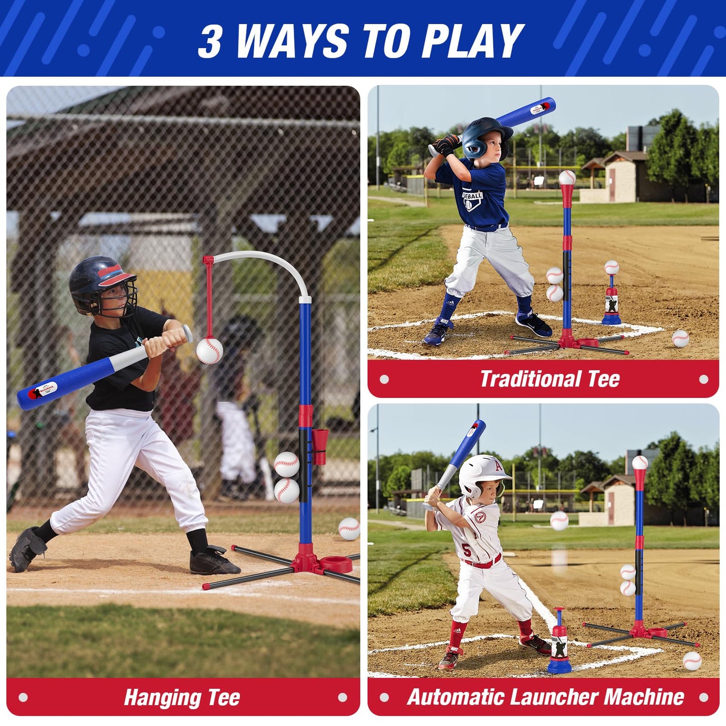 HYES 3-in-1 Baseball Set for Kids 3-5 - Tee Ball Stand, Hanging Tee, Ball Launcher and 6 Softballs - Adjustable Height, Indoor/Outdoor Sport Gifts for Boys, Blue