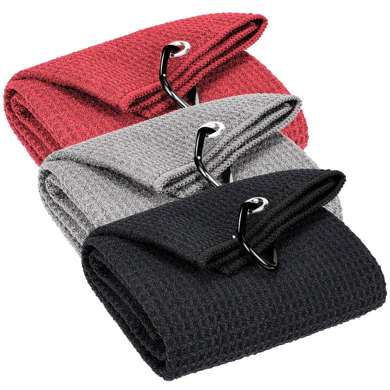 Solvora 3 Pack Golf Towels - 16"x24" Tri-Fold Waffle Microfiber Golf Towel for Golf Bag/Golf Cart, Heavy-Duty Carabiner & Ultra Absorbent Fabric to Wipe Sand, Mud & Sweat (Black/Grey/Red)