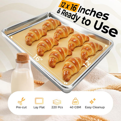 Vailnd Unbleached Parchment Paper Sheets - 220 Pcs Non-Stick Baking Paper, 12'' X 16'' Size | Perfect for Cookies, Bread & Air Frying