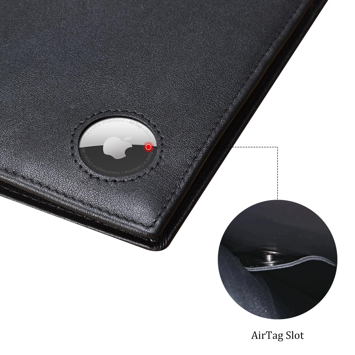 Polare Luxury RFID Blocking Leather Passport Holder Travel Wallet For Men and Women (Black with AirTag Slot)