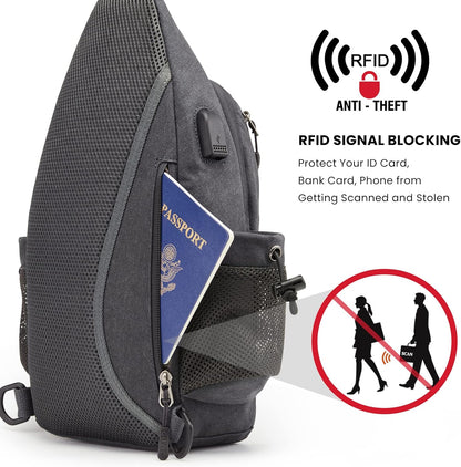 G4Free Canvas Sling Bag Crossbody Backpack with USB Charging Port & RFID Blocking, Hiking Daypack Chest Bag for Women Men