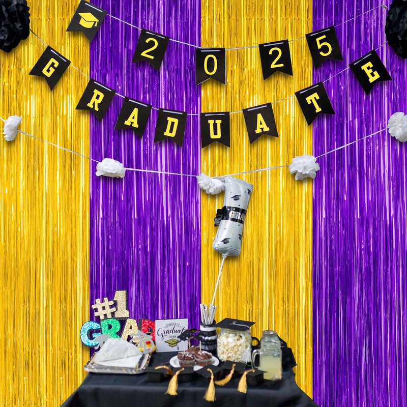 2 Pack Graduation Backdrop, 3.28 FT x 7.05 FT Grad Party Decorations 2026, Purple Gold Backdrop Foil Fringe Curtains, Metallic Purple and Gold Graduation Decorations Class of 2026 Decor