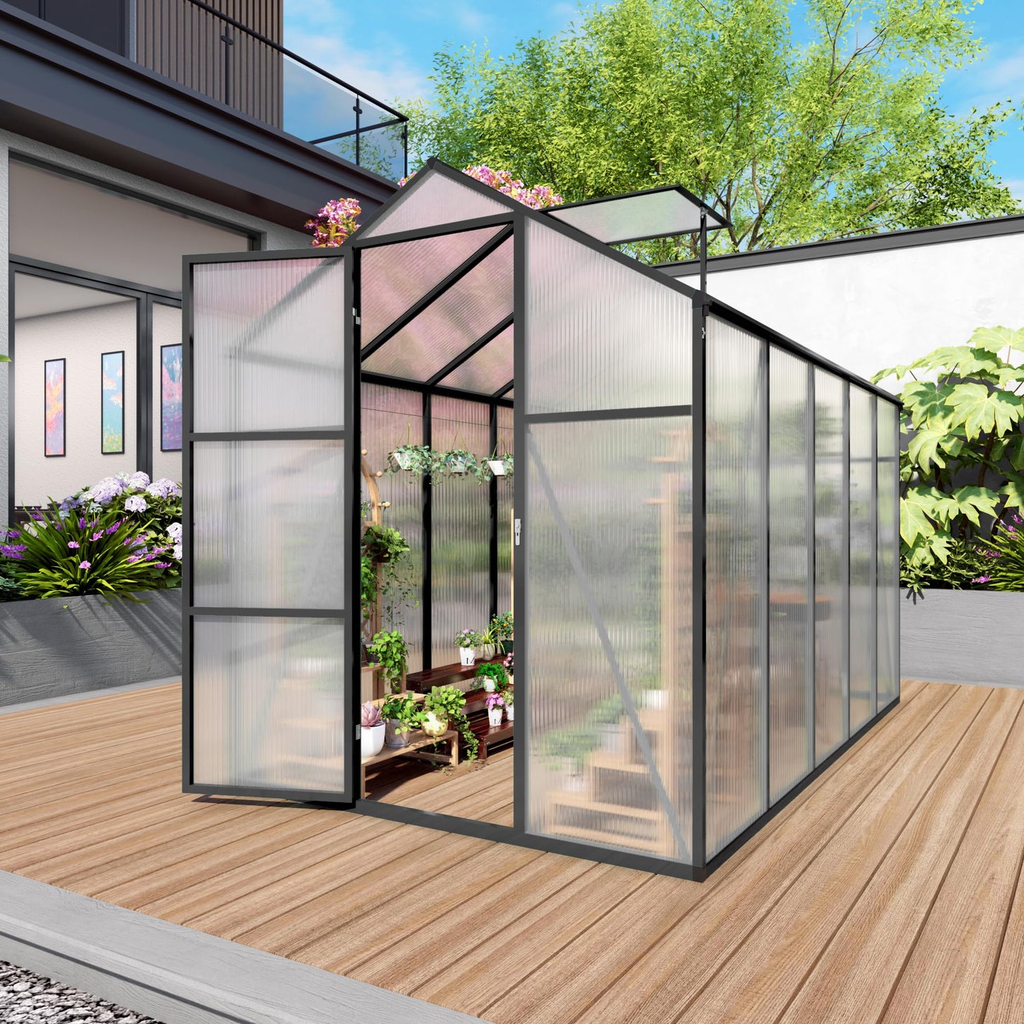 KEIKI 6x10 FT Polycarbonate Greenhouse for Outdoors, Heavy-Duty Walk-in Aluminum Greenhouse with Anchor Base, Light-Transmitting Panels & Drainage System, Black
