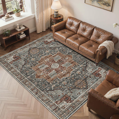 Roxstand 5x7 Area Rugs, Stain Resistant Machine Washable Area Rugs with Non-Slip Backing, Vintage Rugs for Bedroom, Living Room, Large Soft Low Pile Area Rug (Grey/Brown/Tan, 5'x7')