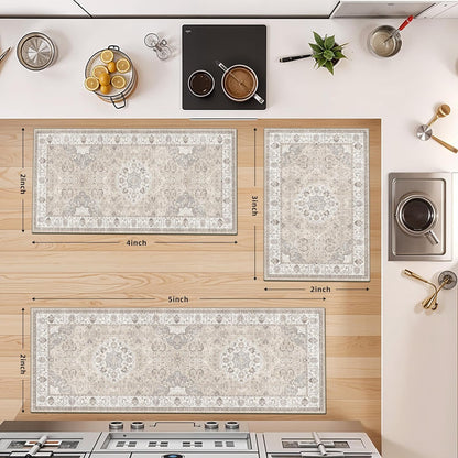 Skiennix Kitchen Rug Set - Washable Water-Resistant Soft Mats with Non-Slip Backing | Beige, 4 Pieces (2x3, 2x4, 2x5, 2x6)
