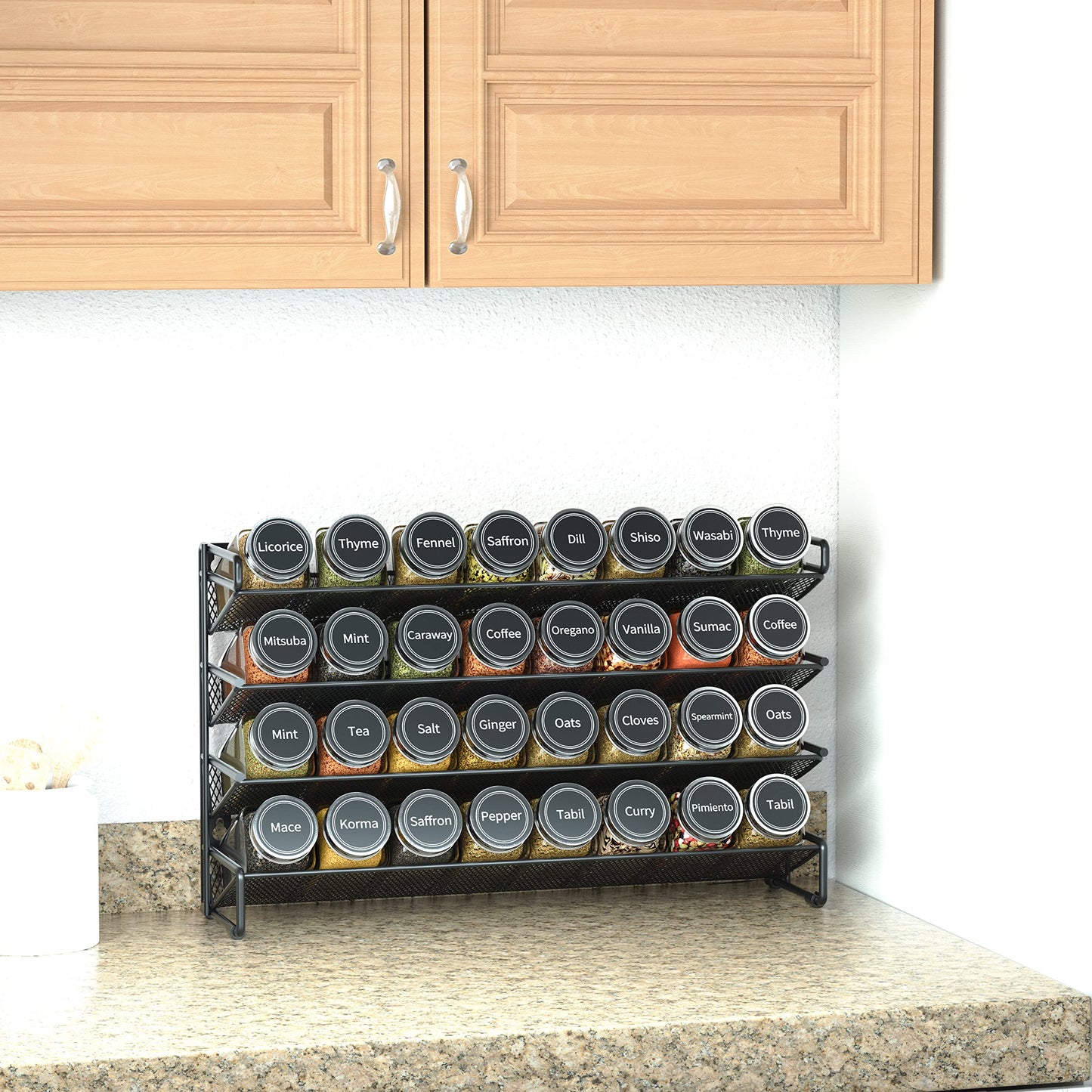 SpaceAid Spice Rack Organizer with 28 Spice Jars, 386 Spice Labels, Chalk Marker and Funnel Set for Cabinet, Countertop, Pantry, Cupboard or Door & Wall Mount - 28 Jars, 13.4" W × 10.8" H, Black