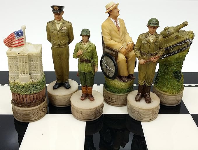 HPL World War 2 US vs Germany Chess Set Hand Painted W/High Gloss Black &amp White Board WW2
