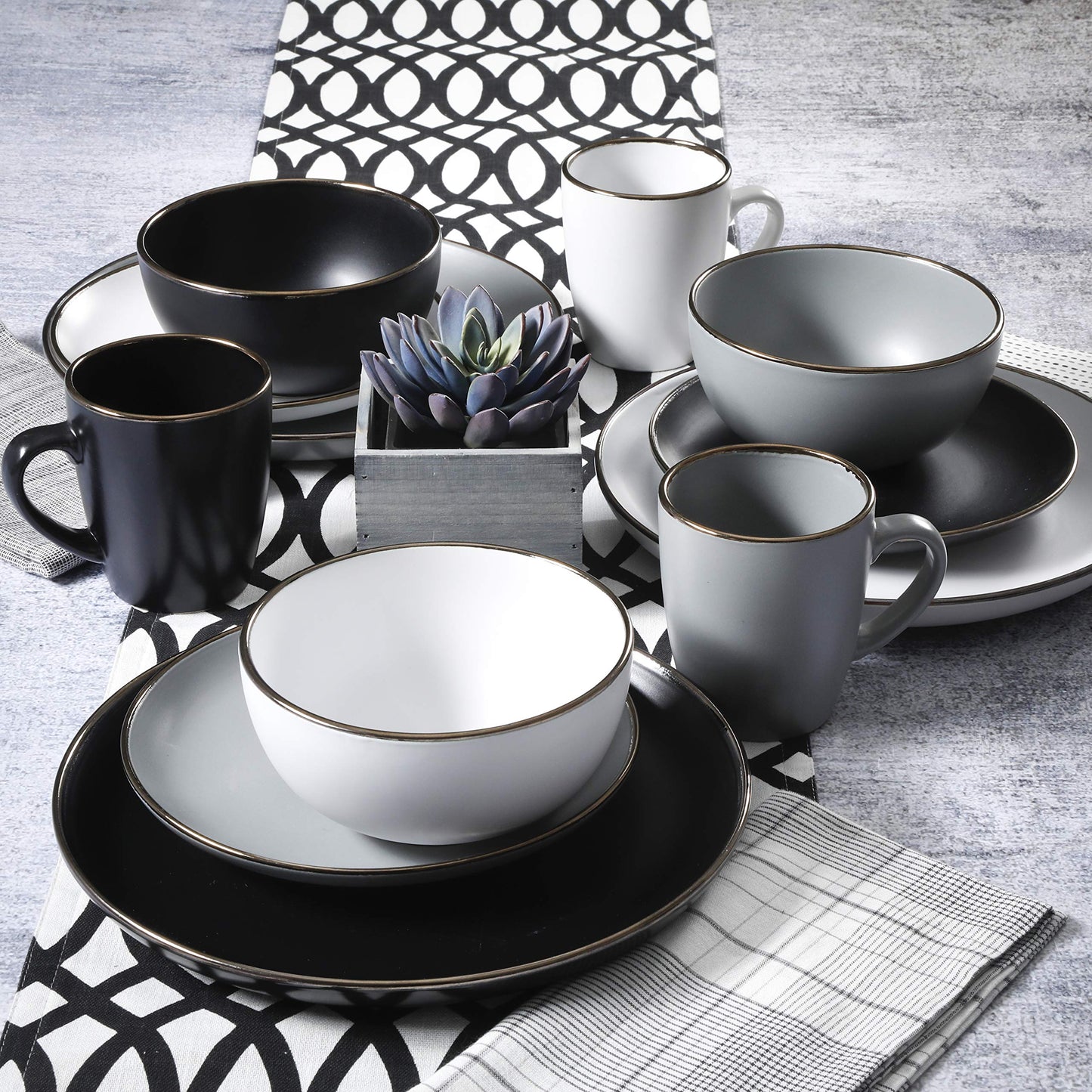 Gibson Home Queenslane 16 Piece Double Bowl Plates and Bowls Dinnerware Sets - Matte Blue