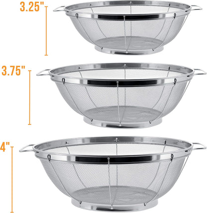U.S. Kitchen Supply Set of 3 Stainless Steel Colander Strainers Net Baskets 5, 4, & 3-Quart - Colander with Handles & Resting Base - Stainless Steel Sieve, Mesh Strainers and Colanders for Kitchen