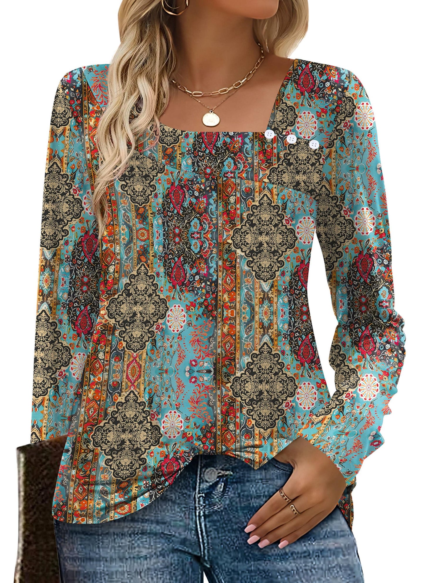 OFEEFAN Long Sleeve Shirts for Women Fall Clothes Asymmetric Square Neck Tunic Tops Decorative Buttons
