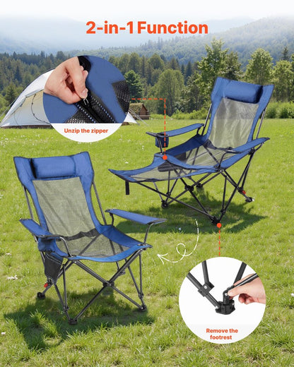 VEVOR 2-in-1 Reclining Camping Chair with Footrest for Adults, 4 Adjustable Positions, Portable Folding Lounger, Lightweight Mesh Beach Chair Supports 220lbs, Heavy Duty Camp Chairs Outdoor, Blue