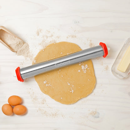 Adjustable XL Pastry Rolling Pin w/ 3 Spacer Rings- Adjust Dough Height for Consistent Thickeness- Heavy Duty NonStick Stainless Steel French Roller 17" Barrel- Bake Easter Cookies, Bread, & Pasta