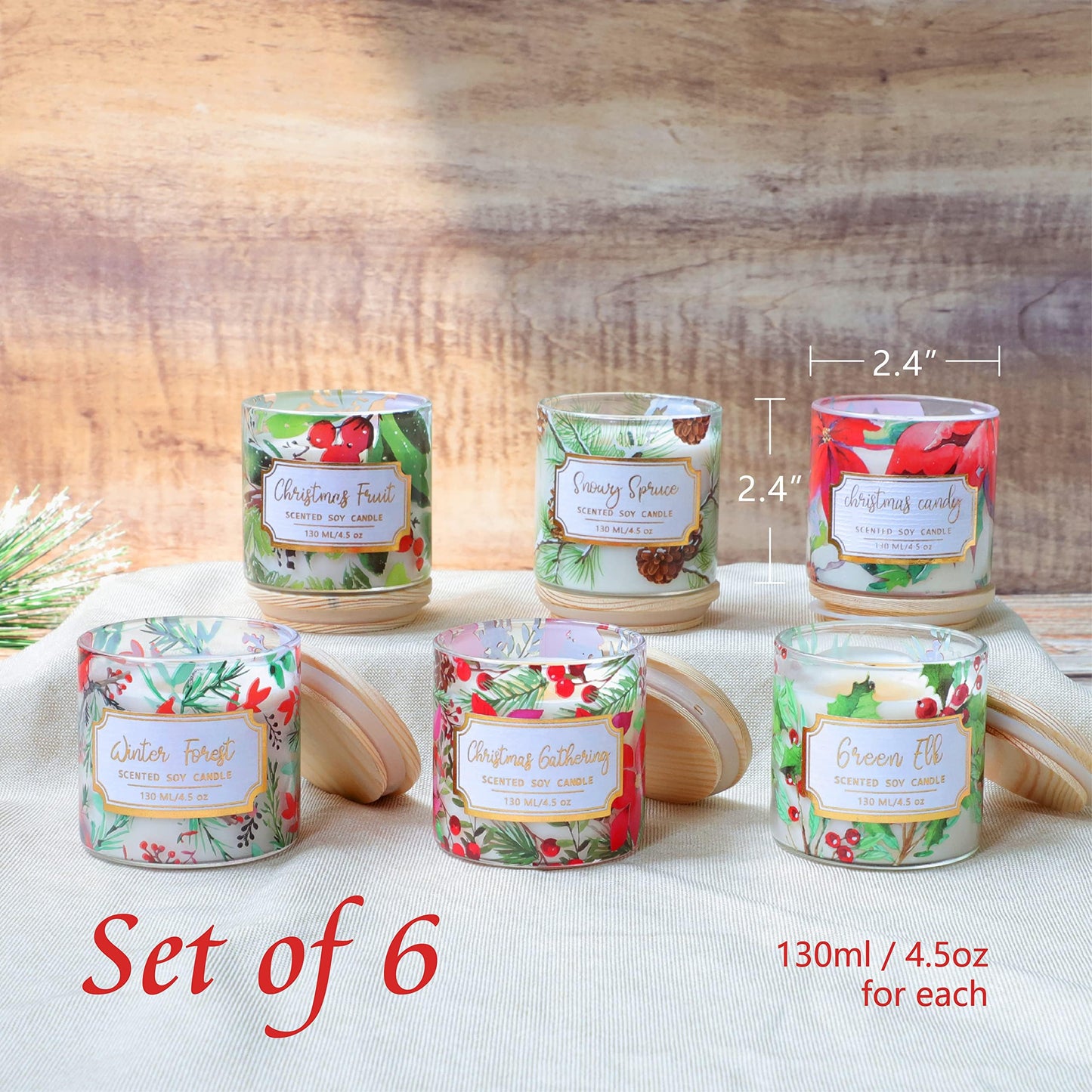 FLAVCHARM 6 Pack Christmas Scented Candles with Lid Soy Wax Strong Fragrance Different Scent Clean Burn Long Time Aromatherapy Glass Jar Candles for Home Scented Xmas Theme Decorations Gift Set