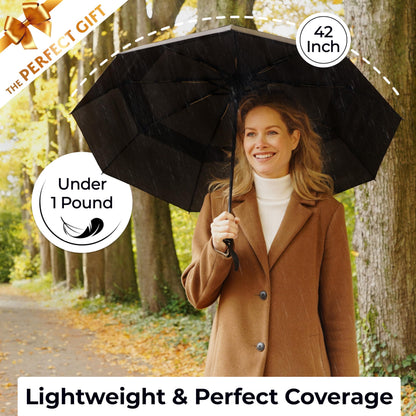 TUMELLA Strongest Windproof Travel Umbrella (Compact, Superior & Beautiful), Small Strong but Light Portable and Automatic Folding Rain Umbrella, Durable Premium Grip, Fits Car and Backpack