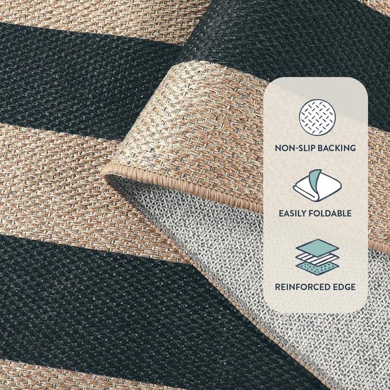 Lahome Elance Striped Easy Jute Outdoor Rug 5x7, Large Neutral Dining Living Room Rug, Farmhouse Non Slip Non Shedding Washable Indoor Outdoor Black Carpet for Office Deck Patio Backyard Bedroom