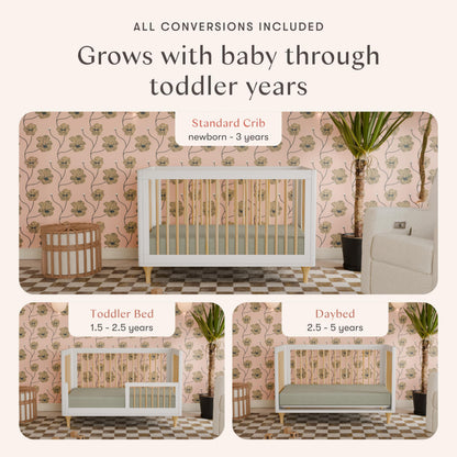 Babyletto Lolly 3-in-1 Convertible Crib with Toddler Bed Conversion Kit in White and Natural, Greenguard Gold Certified