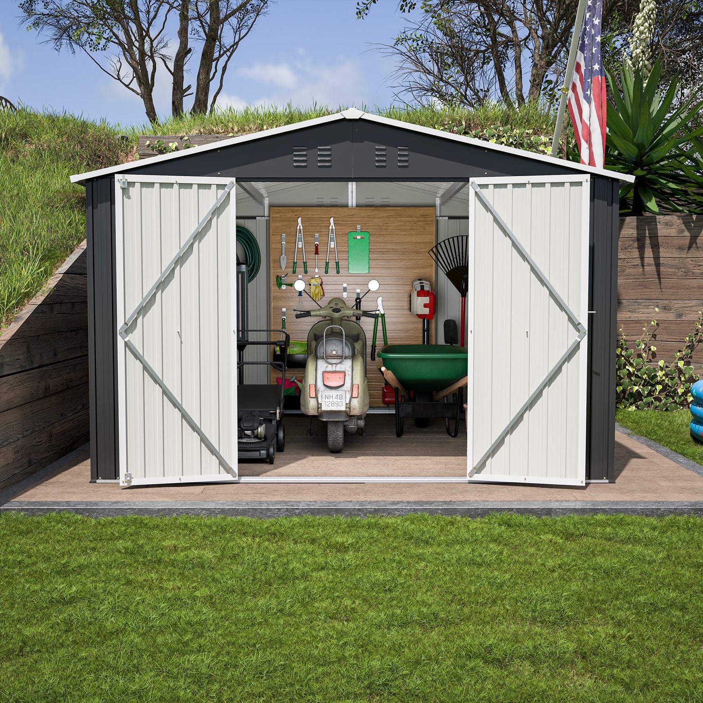 10'x10' Galvanized Steel Storage Shed with 4 Top Air Vents, Lockable Double French Door Large Garden Tool Shed, Black